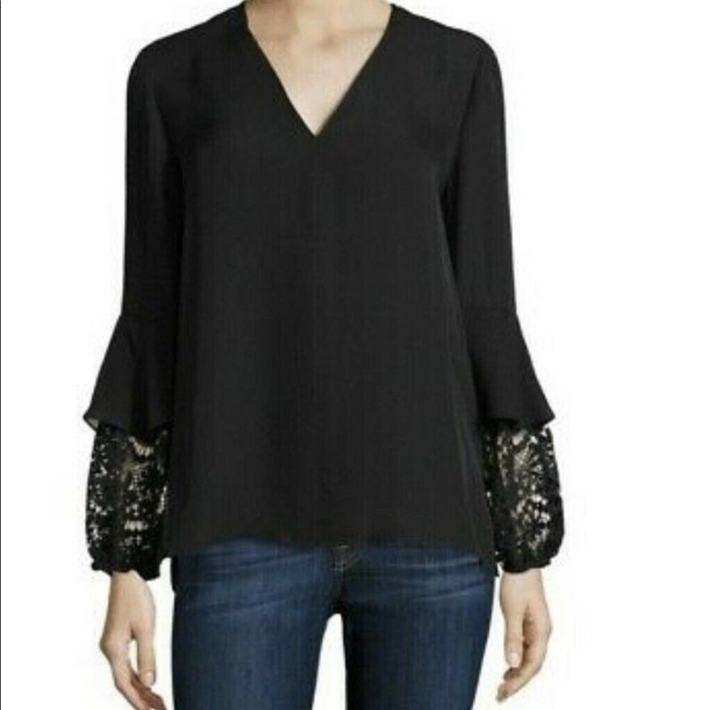 NWT Kobi Halperin Amirah 100% Silk Ruffle Crochet Sleeve Blouse Black Si…